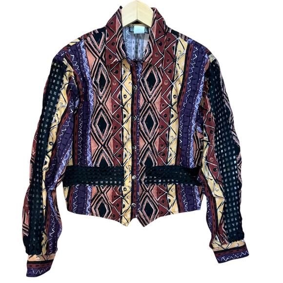 RoughRidee Vintage Western Multicolor Geometric‎ Eclectic Cut Out Button Down M - Picture 1 of 6